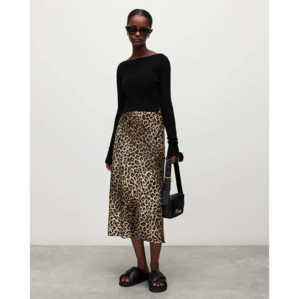 Allsaints Australia Womens Hera Leopard Print 2-In-1 Midi Dress Black AU07-781
